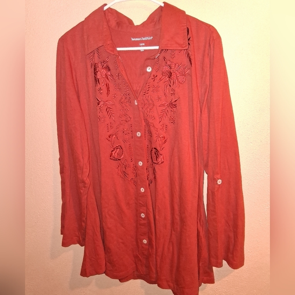 Woman Within NWOT Burnt Orange Floral Embroidered Button Down Tunic 18/20